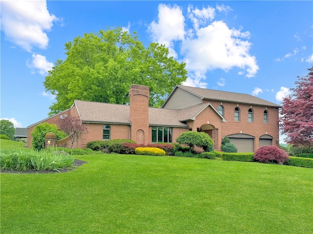 view of front of property with a front yard and a garage