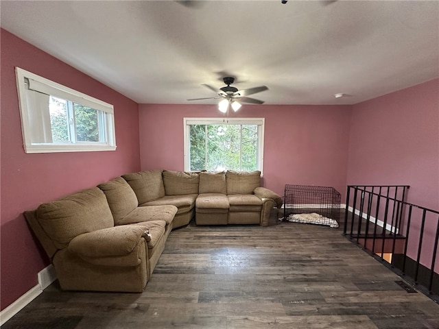 living room featuring ceiling fan, plenty of natural light, and dark wood-type flooring