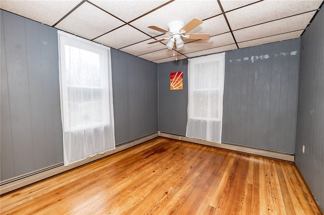 empty room with a drop ceiling, light hardwood / wood-style flooring, and ceiling fan