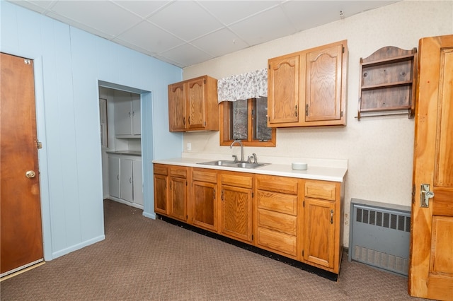 kitchen featuring sink, radiator, and dark colored carpet