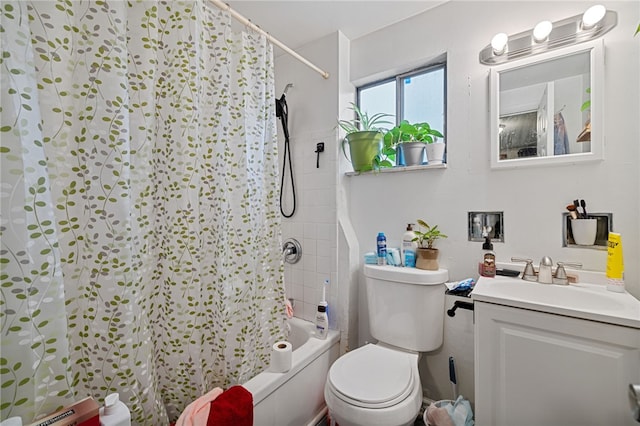 full bathroom with toilet, shower / bath combo, and vanity