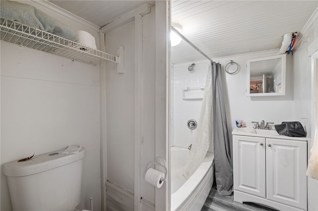 full bathroom with shower / tub combo, vanity, toilet, and hardwood / wood-style floors