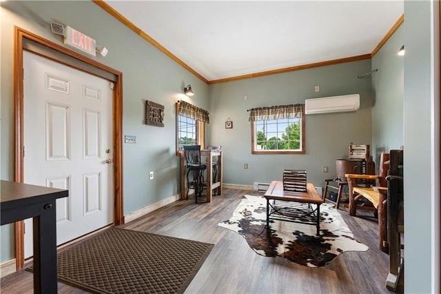 entryway featuring baseboard heating, ornamental molding, dark wood-type flooring, and a wall mounted air conditioner