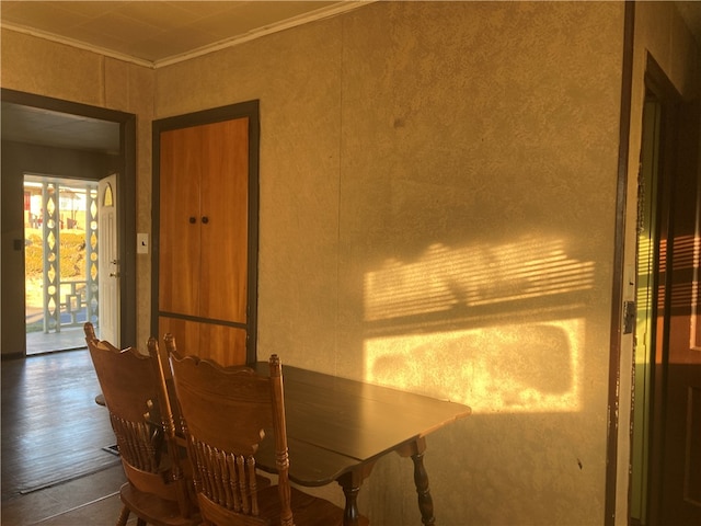 dining room featuring crown molding and dark wood-type flooring