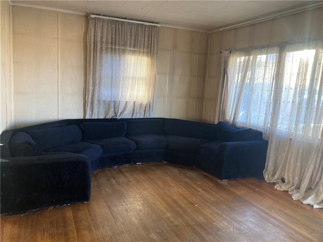 living room with crown molding and dark hardwood / wood-style floors