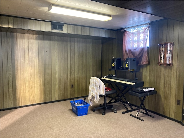 office space with wood walls and carpet