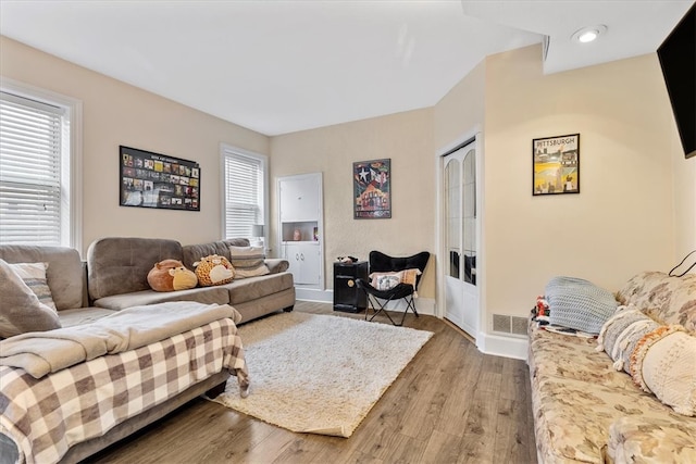 living room featuring a wealth of natural light and hardwood / wood-style flooring