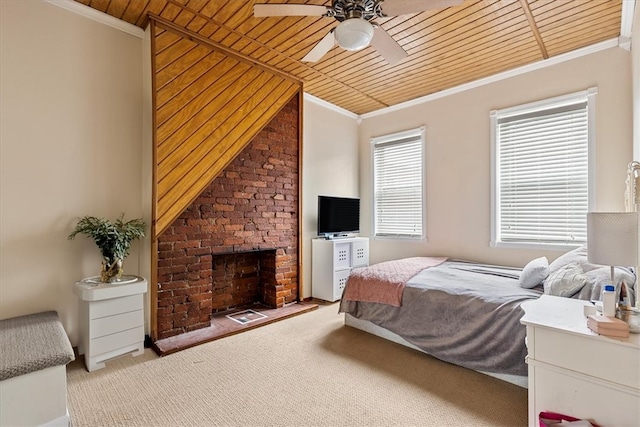 bedroom with ceiling fan, light colored carpet, a brick fireplace, and wooden ceiling