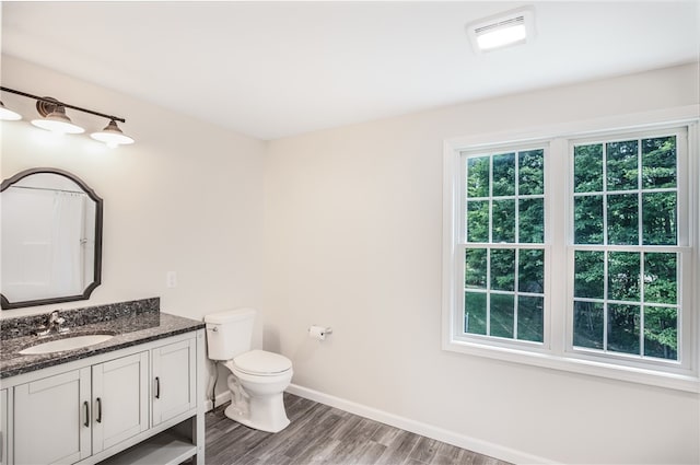 bathroom featuring wood-type flooring, toilet, and vanity