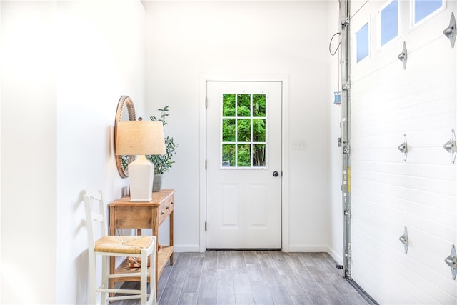 doorway with hardwood / wood-style flooring