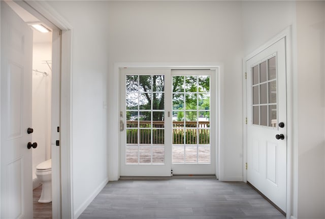 entryway with wood-type flooring