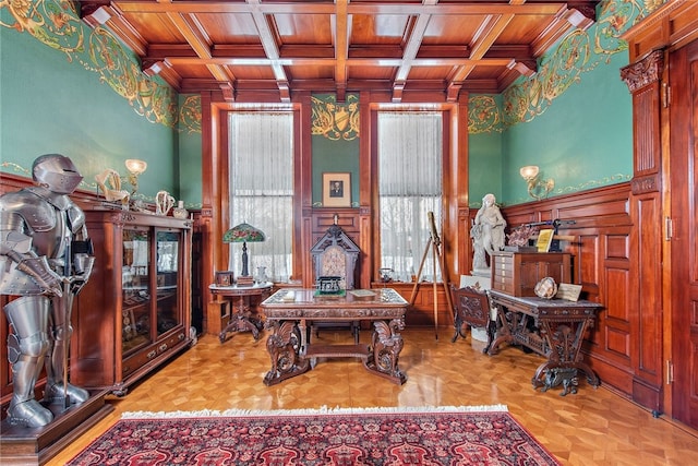 interior space featuring light parquet flooring, coffered ceiling, and beam ceiling