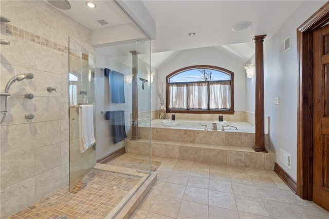 bathroom with plus walk in shower, vaulted ceiling, tile patterned flooring, and ornate columns