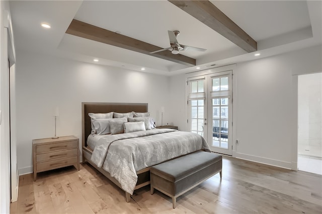 bedroom with ceiling fan, light wood-type flooring, beam ceiling, and access to exterior