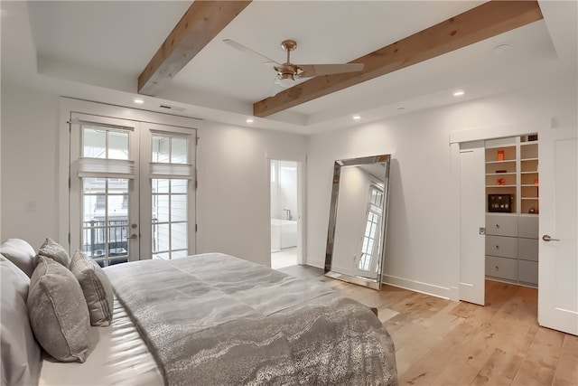 bedroom featuring ceiling fan, beamed ceiling, french doors, light hardwood / wood-style flooring, and access to exterior