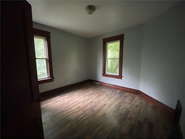 unfurnished room with a healthy amount of sunlight and dark wood-type flooring