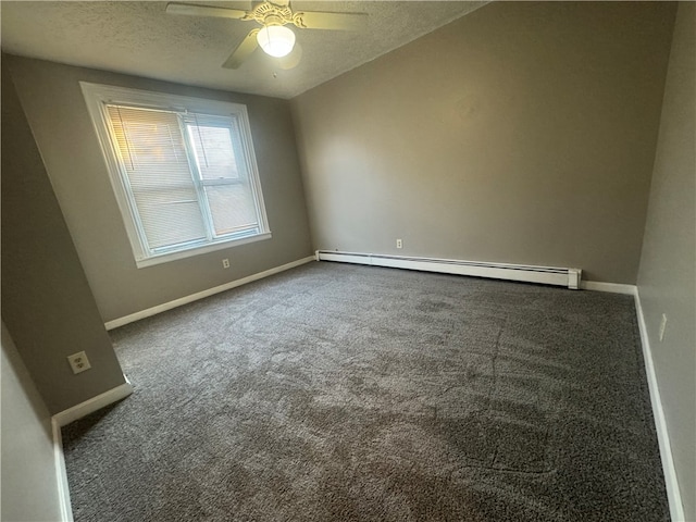 carpeted spare room with a baseboard heating unit, a textured ceiling, and ceiling fan