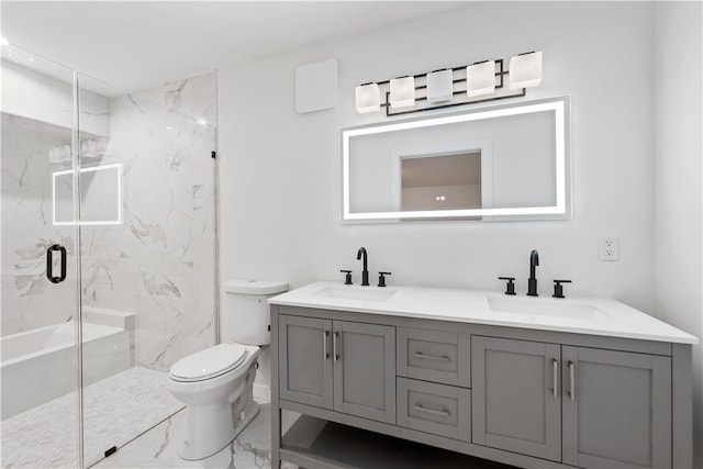 bathroom with a shower with door, tile flooring, double vanity, and toilet