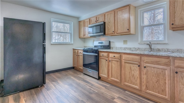 kitchen with sink, a healthy amount of sunlight, stainless steel appliances, and hardwood / wood-style floors