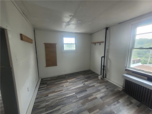 basement featuring radiator heating unit and dark hardwood / wood-style flooring