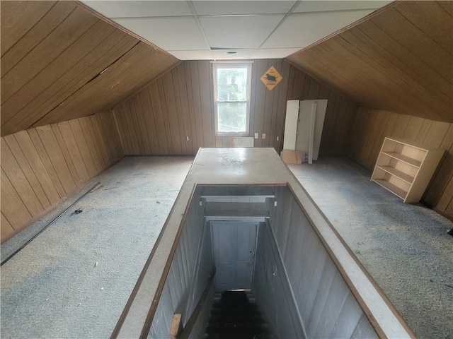 additional living space featuring lofted ceiling, dark colored carpet, and wood walls