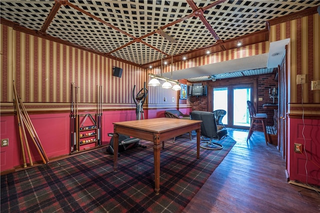 recreation room featuring dark hardwood / wood-style flooring and french doors