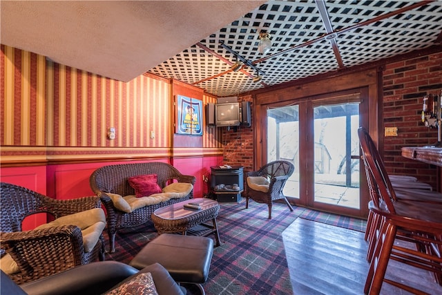 living room with dark hardwood / wood-style flooring