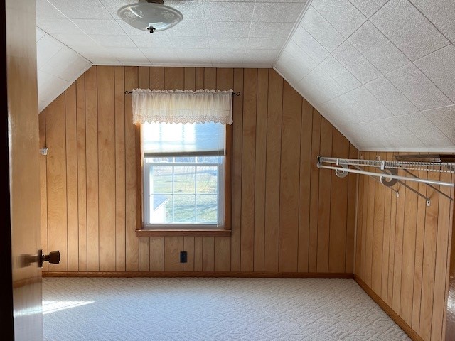 bonus room featuring light carpet, vaulted ceiling, and wood walls