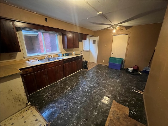 kitchen with sink, dark brown cabinets, and ceiling fan