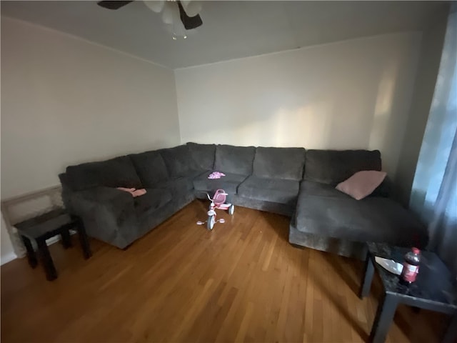 living room with hardwood / wood-style floors and ceiling fan