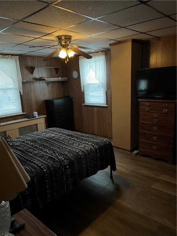 bedroom with a paneled ceiling, multiple windows, and dark hardwood / wood-style flooring