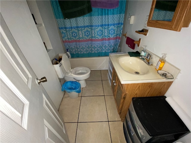 full bathroom with vanity, shower / bath combination with curtain, toilet, and tile patterned floors