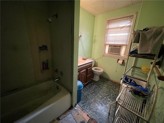 full bathroom with cooling unit, toilet, vanity, bathing tub / shower combination, and tile patterned flooring