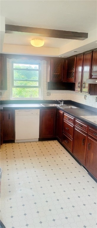 kitchen with dishwasher, extractor fan, light tile flooring, and tasteful backsplash