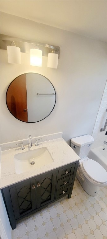 full bathroom featuring tile floors, shower / bathtub combination, toilet, and vanity