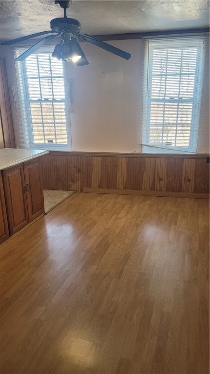 empty room featuring ceiling fan, a wealth of natural light, and light hardwood / wood-style floors