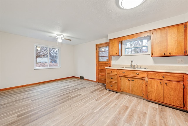 kitchen featuring plenty of natural light, light hardwood / wood-style floors, ceiling fan, and sink