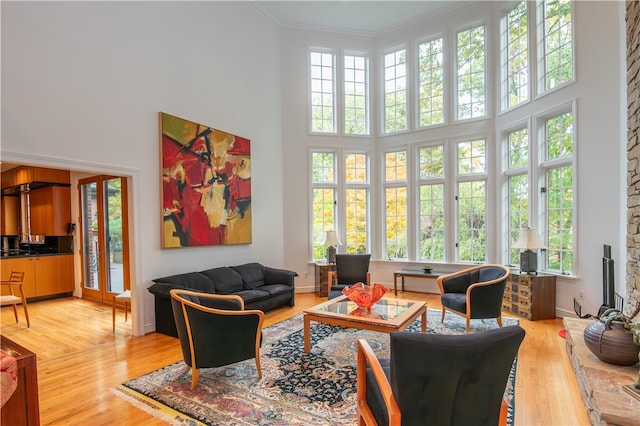 living room with light hardwood / wood-style floors, a high ceiling, french doors, and crown molding