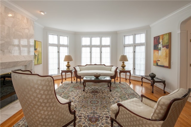 living room featuring ornamental molding and light wood-type flooring