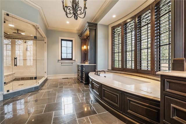 bathroom featuring plus walk in shower, tile patterned floors, and a healthy amount of sunlight