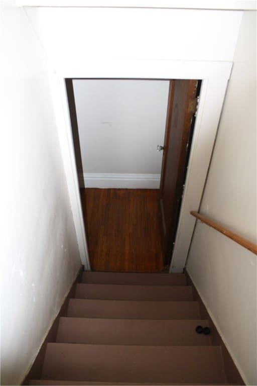 stairs with dark hardwood / wood-style floors