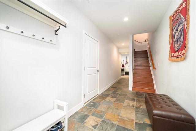 interior space with dark tile flooring