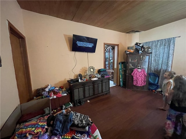 living room with wooden ceiling and wood-type flooring