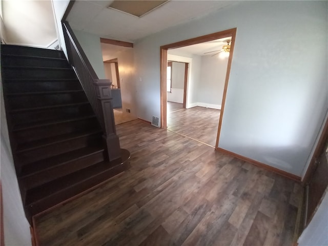 stairs with wood-type flooring and ceiling fan