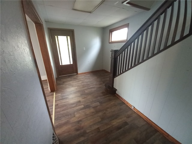 foyer entrance featuring a drop ceiling and dark hardwood / wood-style floors