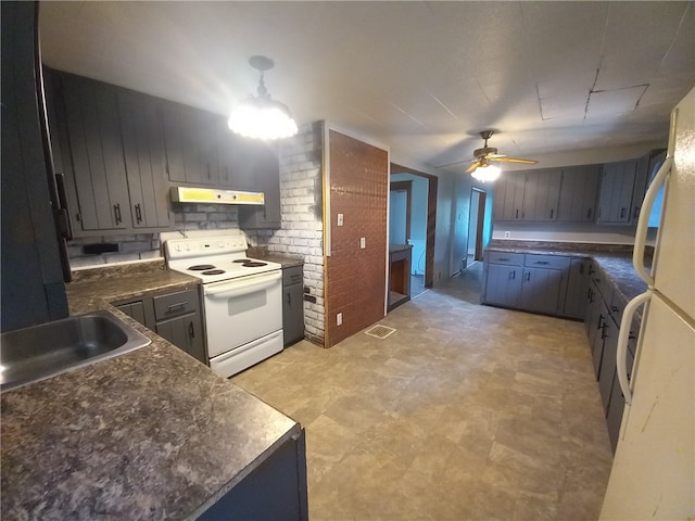 kitchen featuring white appliances, ceiling fan, sink, and backsplash