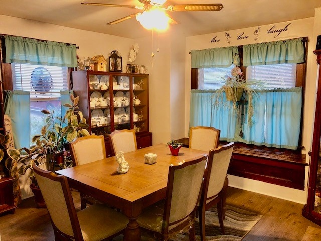 dining area with ceiling fan and dark wood-type flooring