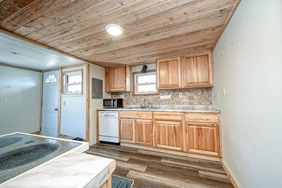 kitchen with tasteful backsplash, dark hardwood / wood-style floors, light brown cabinetry, dishwasher, and sink