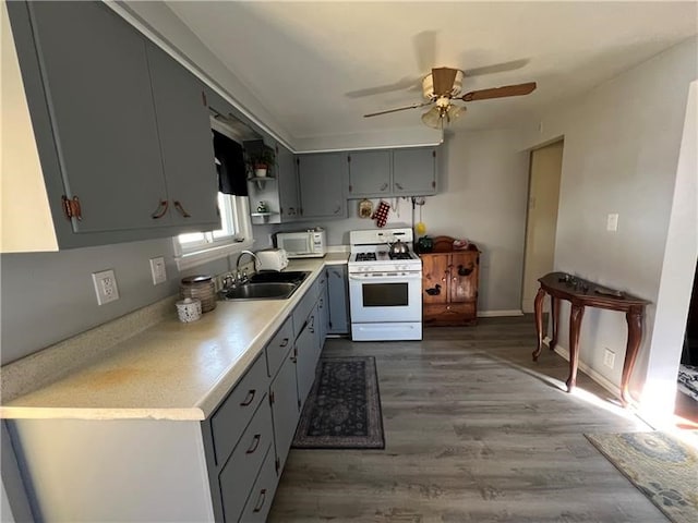 kitchen featuring ceiling fan, sink, white appliances, gray cabinetry, and dark hardwood / wood-style floors