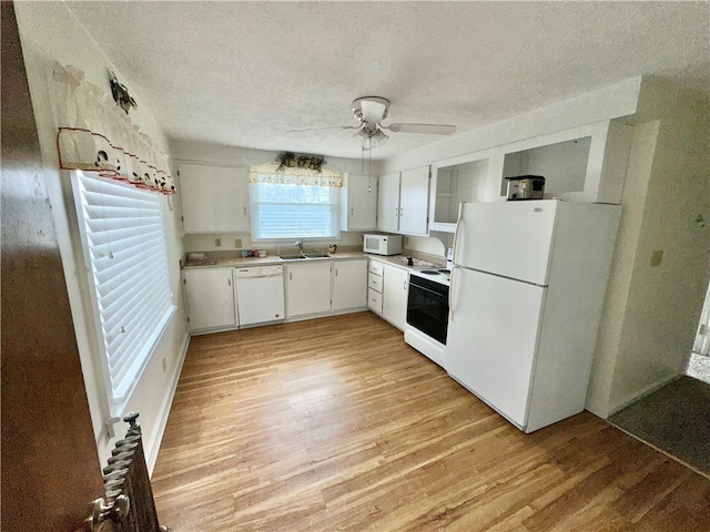 kitchen with white appliances, ceiling fan, sink, white cabinetry, and light wood-type flooring